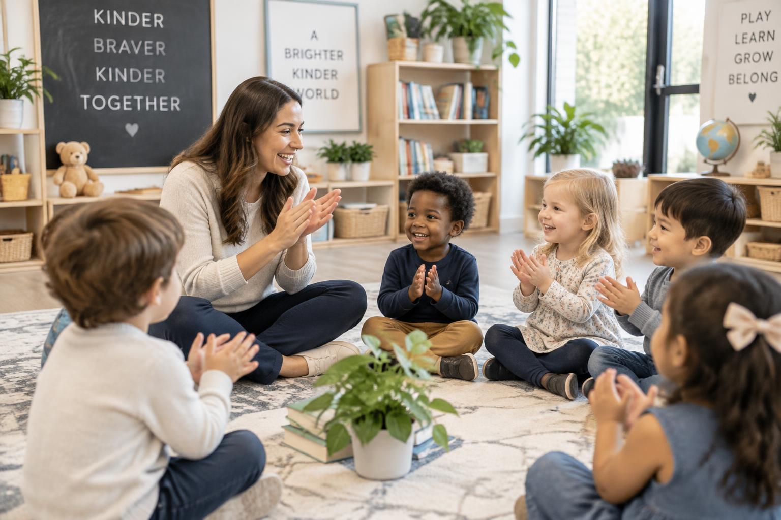 Multicultural toddlers and preschoolers at circle time with their teacher